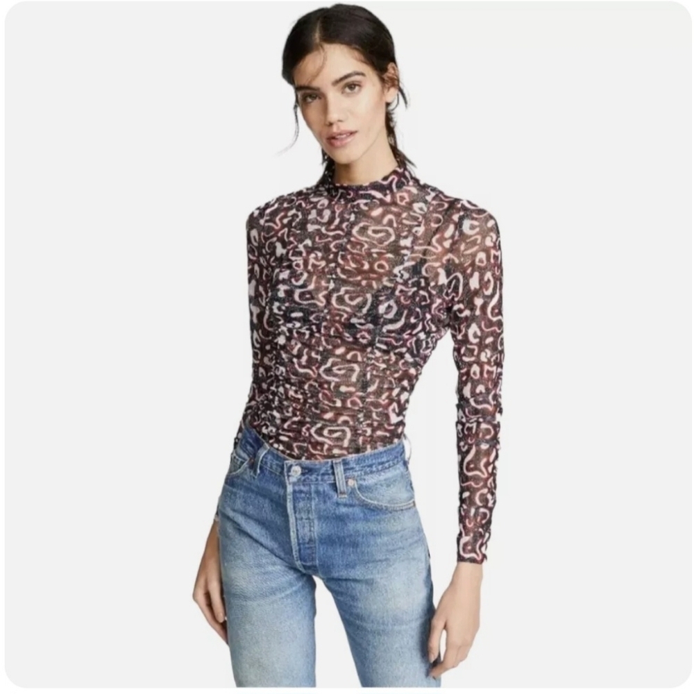 Rebecca Minkoff Cora Top  Mock Neck‎ Ruched Semi Sheer
